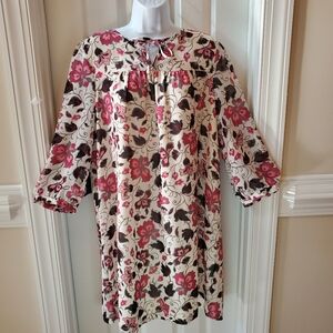 LOFT Floral Mauve Cream Shift Peasant Midi Dress With Tie Neck SZ. L